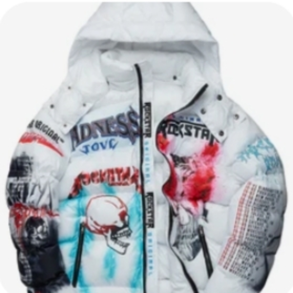 White Graphic Men's Puffer Jacket